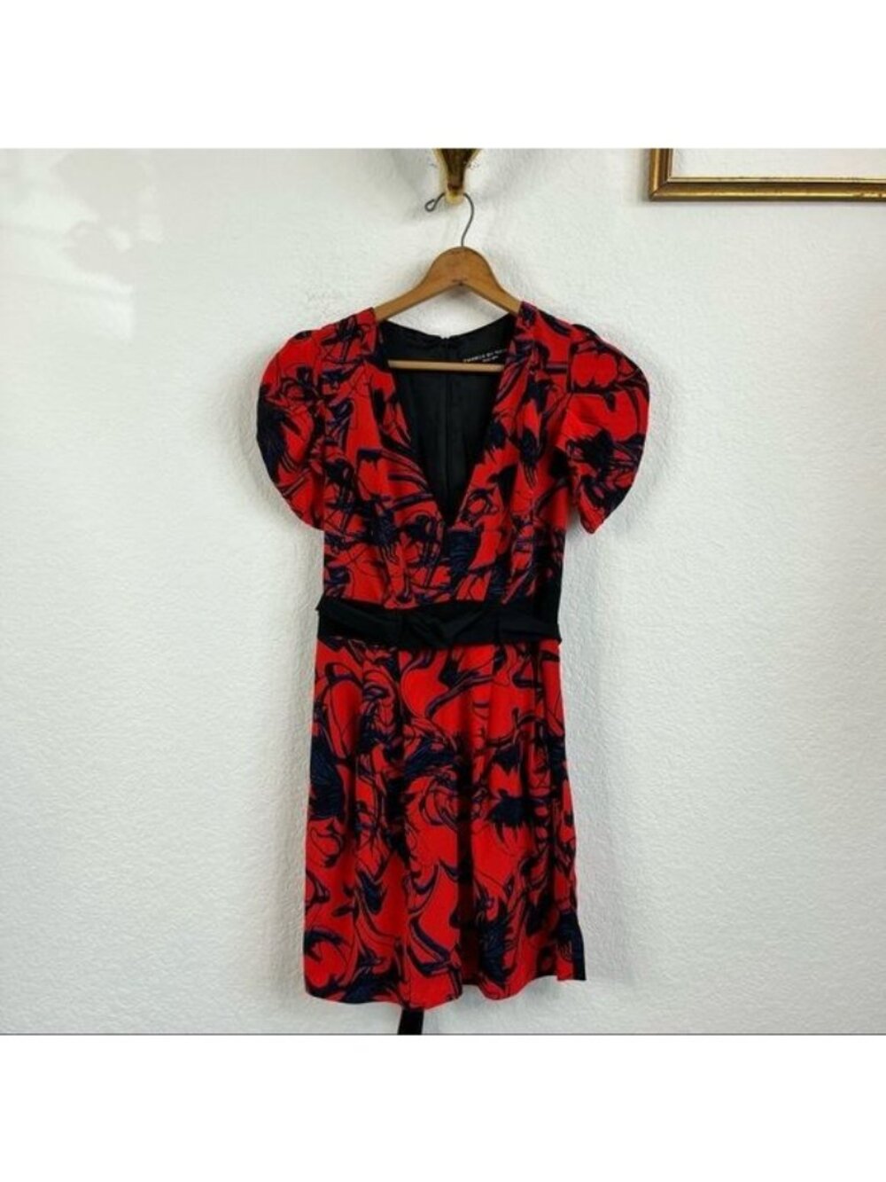 Twinkle by Wenlan Red Silk Floral Ruched Tie V Neck Dress